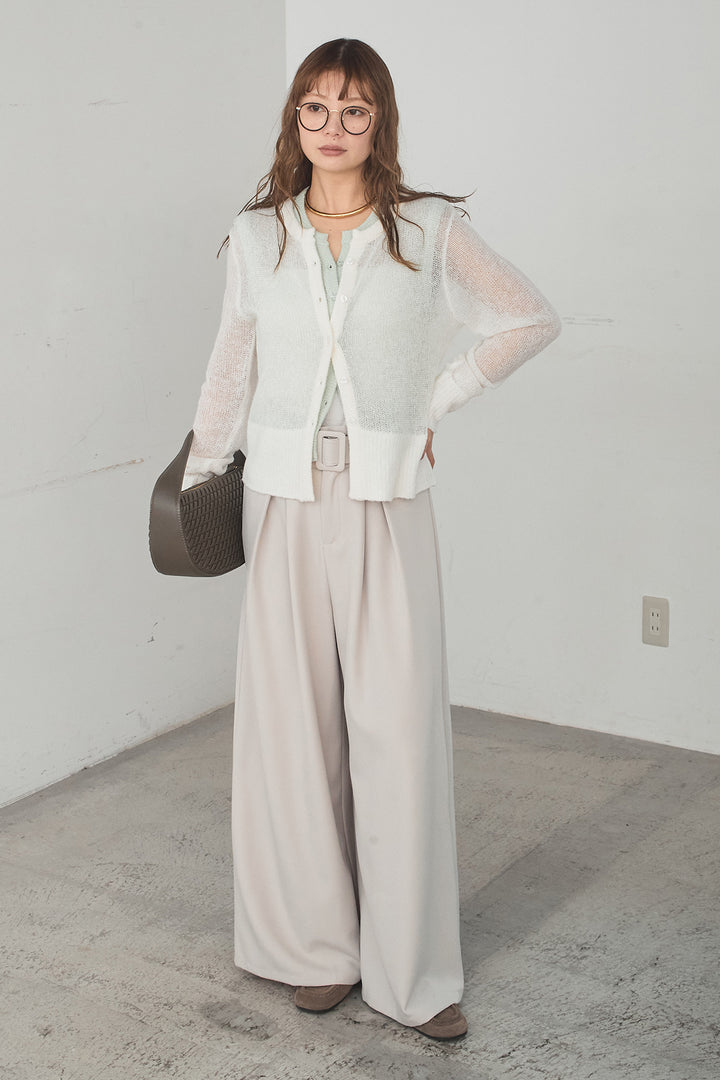 [SET]モヘア透かし編みレイヤードアンサンブルセット+ベルト付きツータックワイドパンツ(2set)