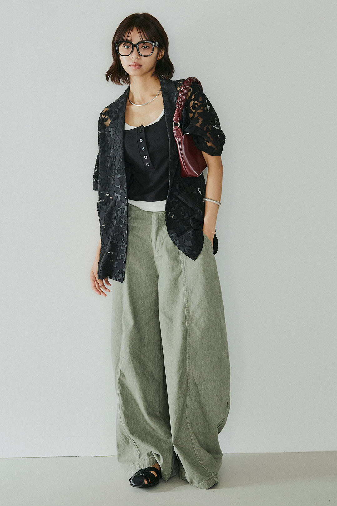 [SET]シアージャガードハーフスリーブテーラードジャケット+サイドベルトカーブワイドパンツ+配色ヘンリーネックタンクトップ(3set)