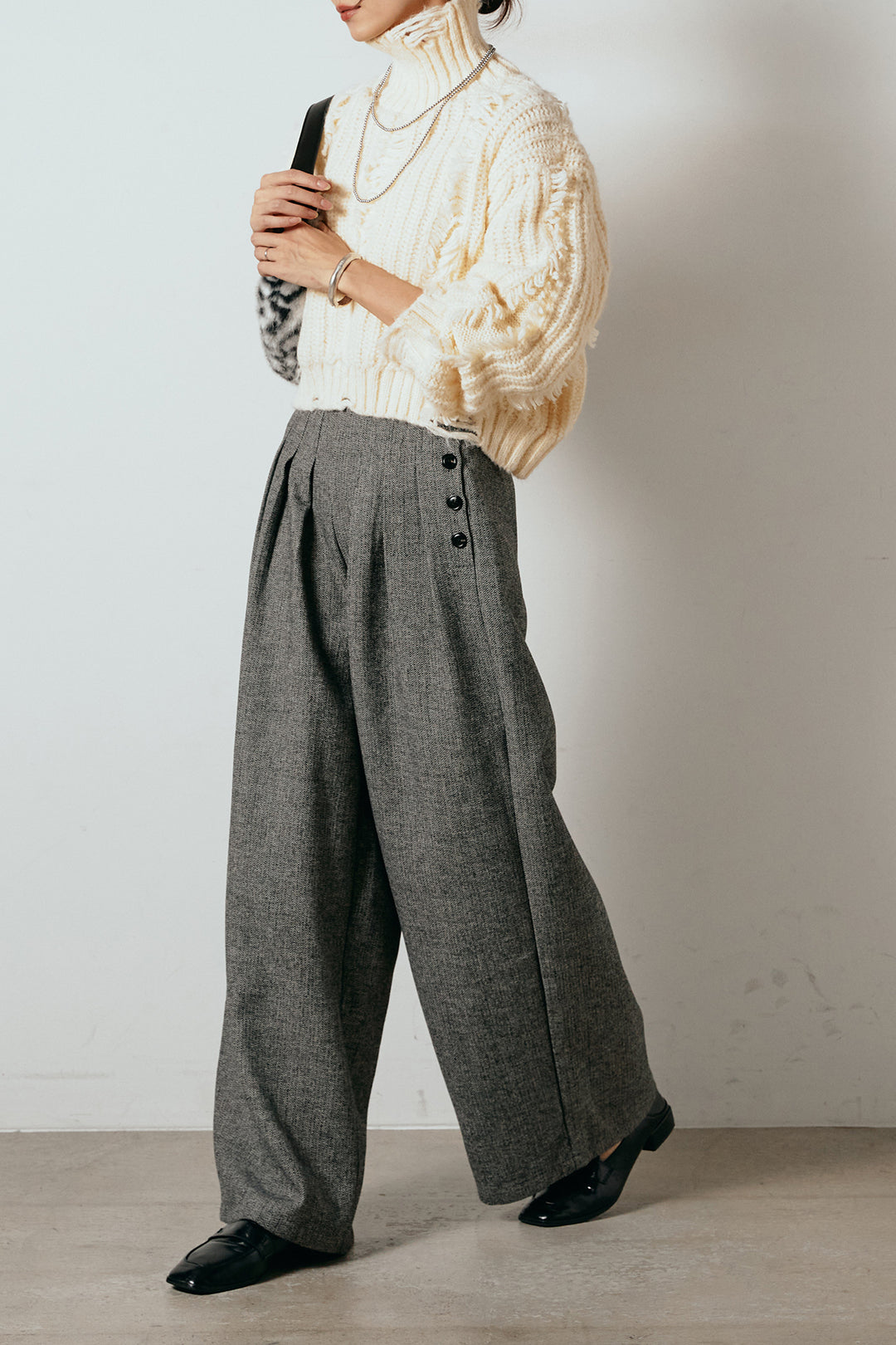 [SET]フリンジタートルショートニット+サイドボタンツイードタックパンツ(2set)