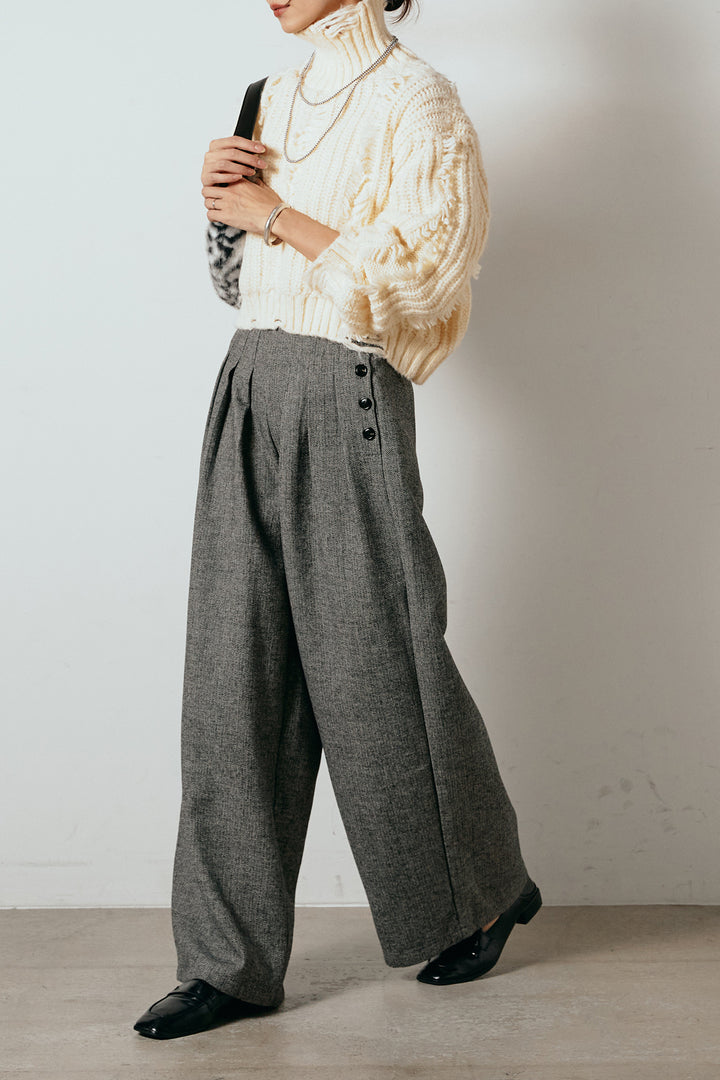 [SET]フリンジタートルショートニット+サイドボタンツイードタックパンツ(2set)