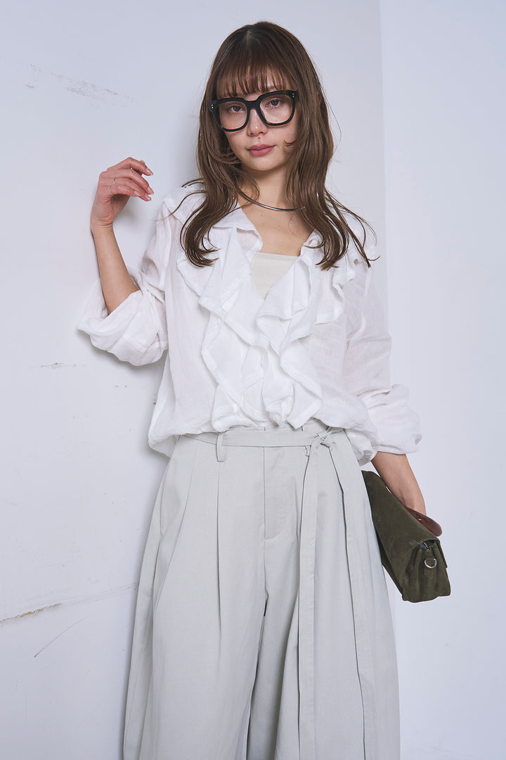[SET]フリルボタンブラウス+紐ベルト付きカーブワイドパンツ(2set)