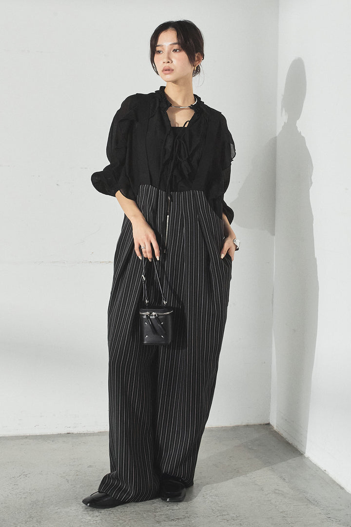 [SET]フロントリボンフリルブラウス+ピンストライプツータックサロペット(2set)