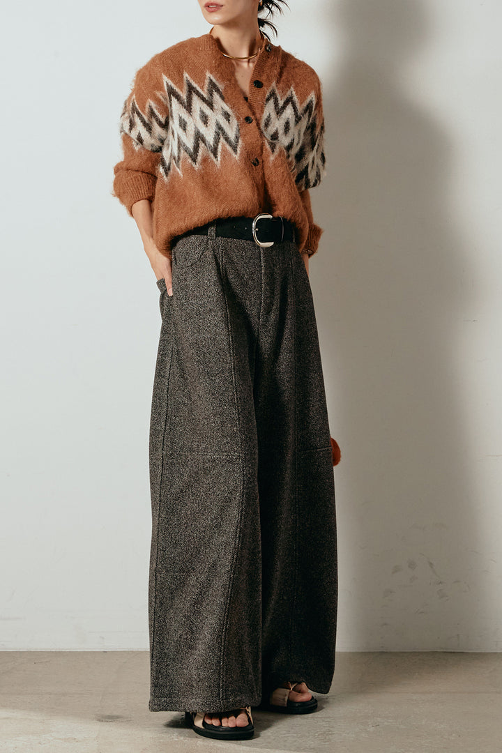 [SET]起毛ノルディック柄ニットカーディガン+太ベルト付きツイードワイドパンツ(2set)