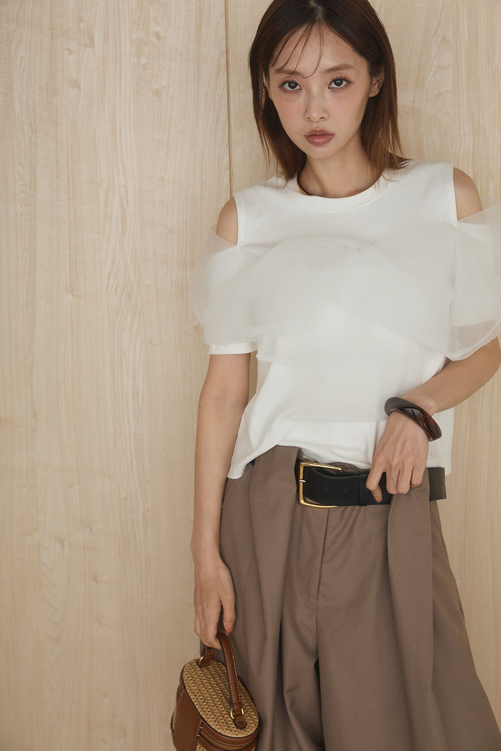 [SET]シアーレイヤーデザインカットソー+ベルトループワイドパンツ(2set)