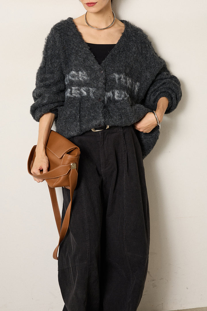 [SET]ウール混透かしロゴニットカーディガン+タック入りコーデュロイワイドパンツ(2set)