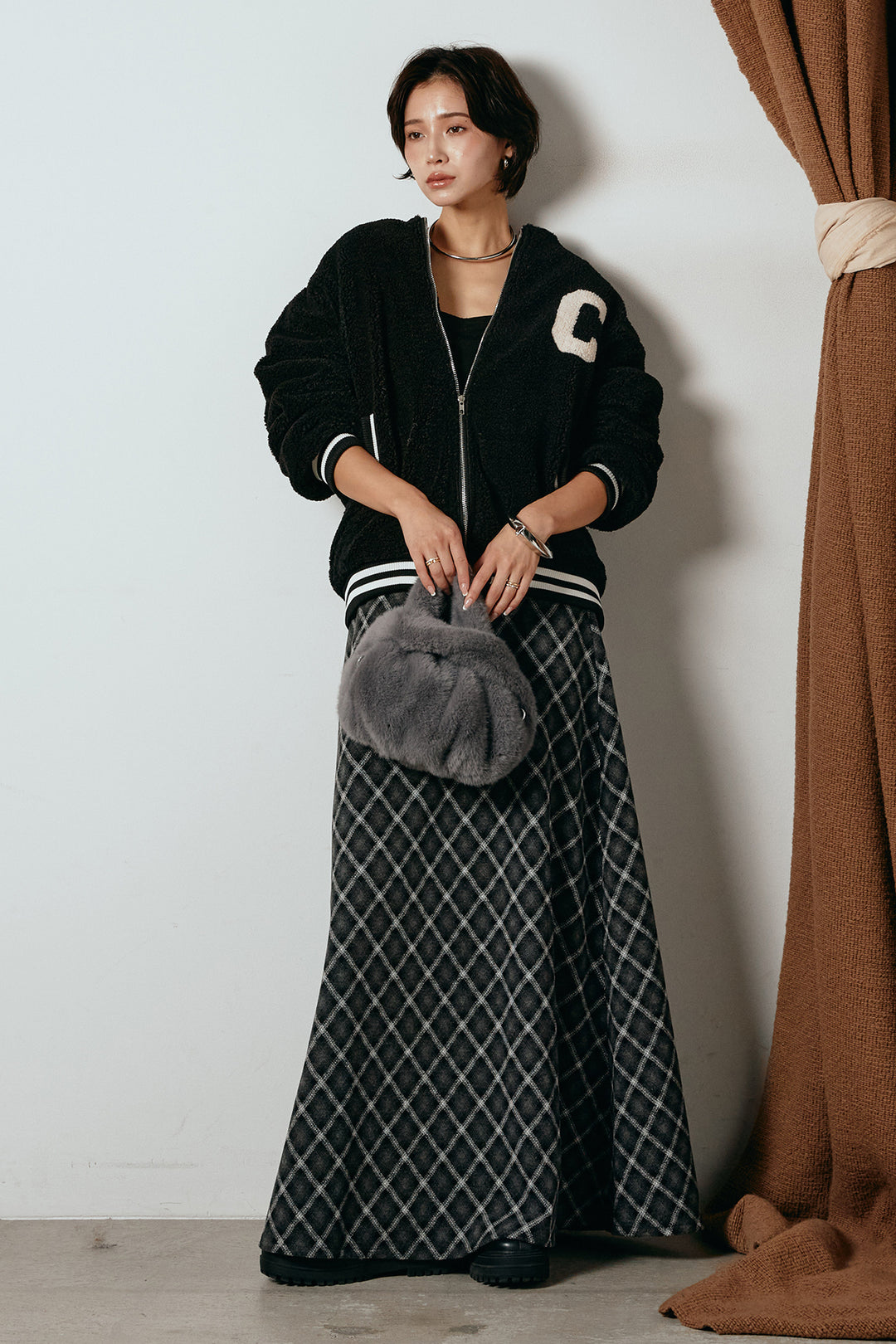 [SET]ロゴスタジャンボアブルゾン+フロッキー起毛チェックスカート(2set)
