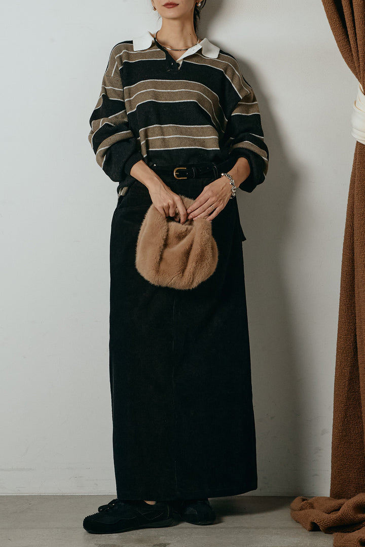 [SET]ラガーニットボーダーポロプルオーバー+ポーチベルト付きコーデュロイワイドスカート(2set)