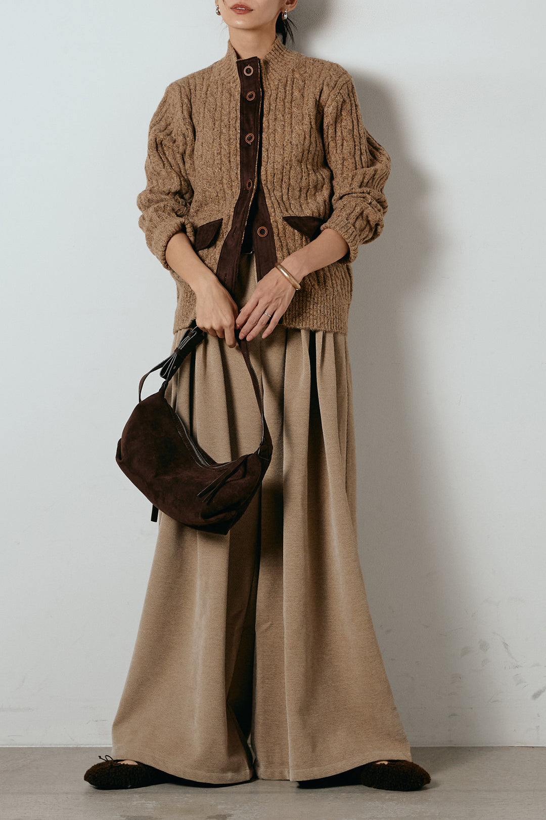[SET]ボトルネックケーブルニットカーディガン+ベルトループコーデュロイワイドパンツ(2set)