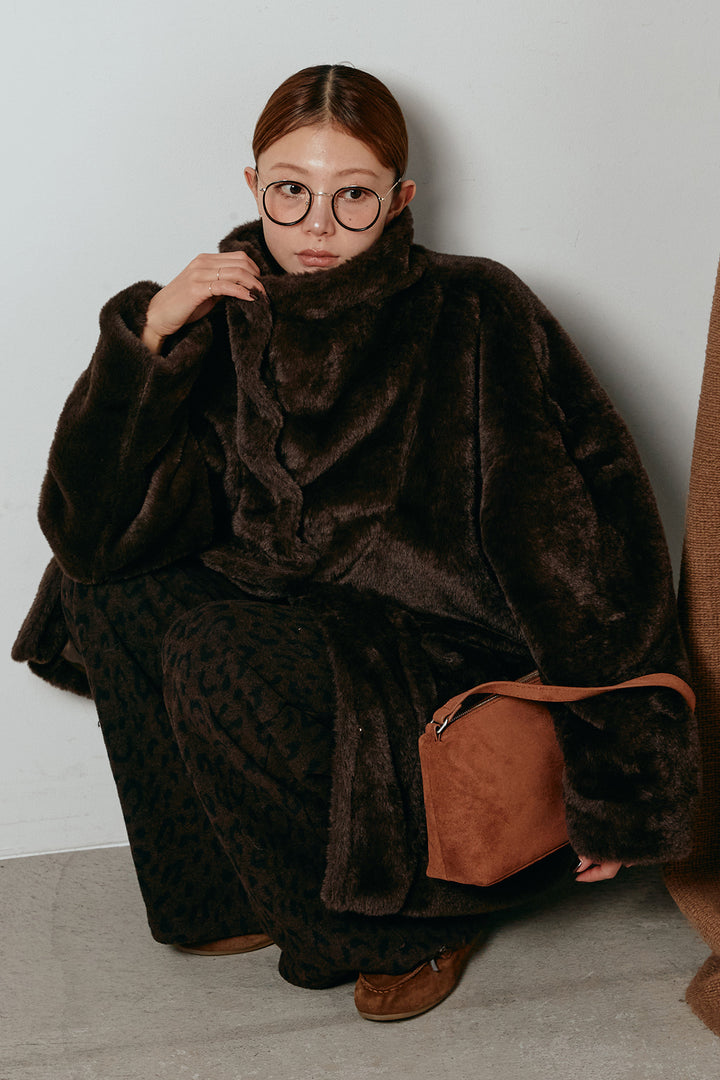 [SET]スタンドネックファーコート+レオパードジャガードニットパンツ(2set)