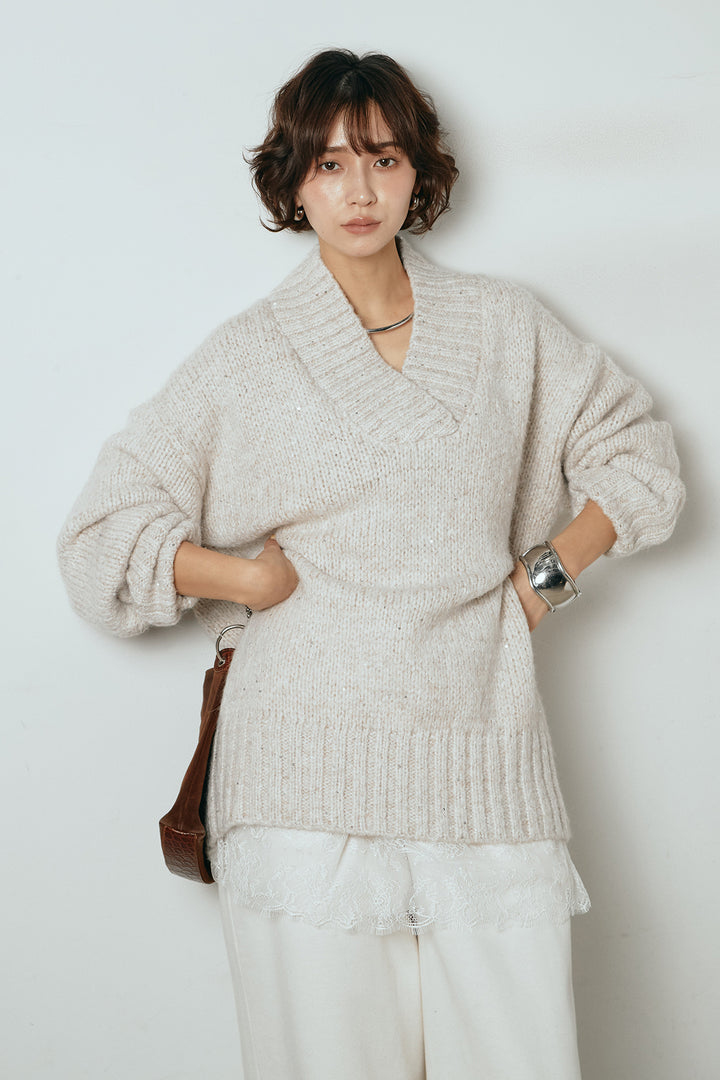 [SET]Vネックラメニットトップス+レース切り替えキャミソール(2set)