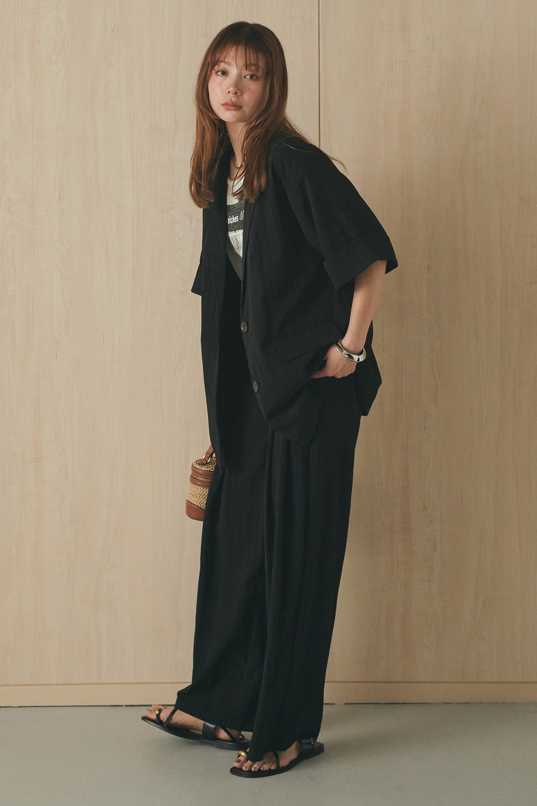 [SET]リネンライクテーラードハーフスリーブジャケット+リネンライク2タックワイドパンツ(2set)