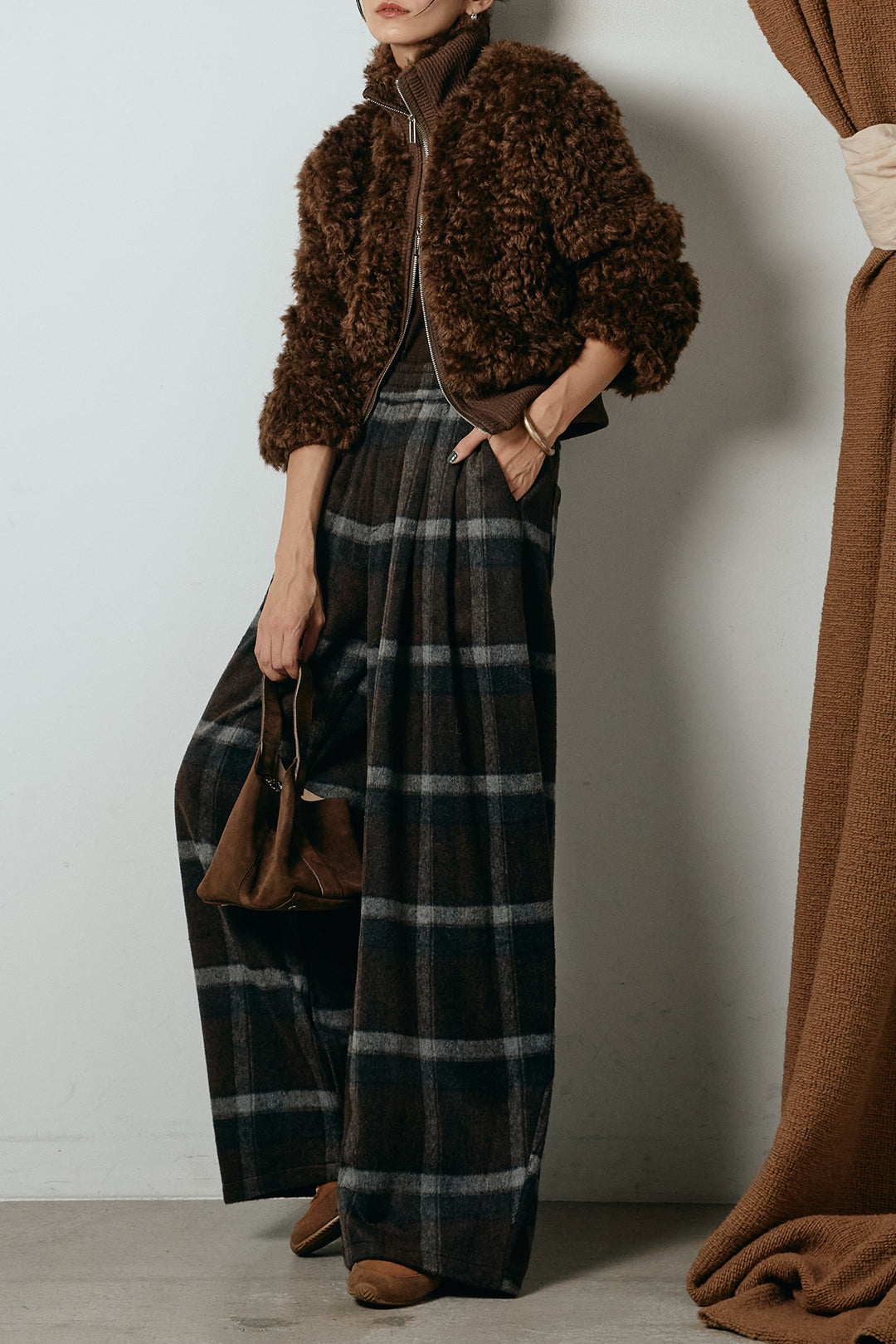 [SET]ハイネックショート丈ボアジップブルゾン+起毛タータンチェック柄ワイドパンツ(2set)
