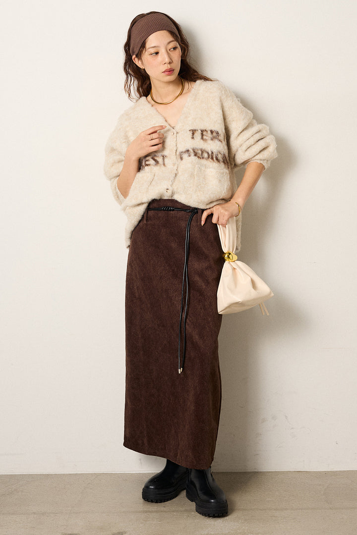 [SET]ウール混透かしロゴニットカーディガン+ロープベルト付きスウェード調スカート(2set)