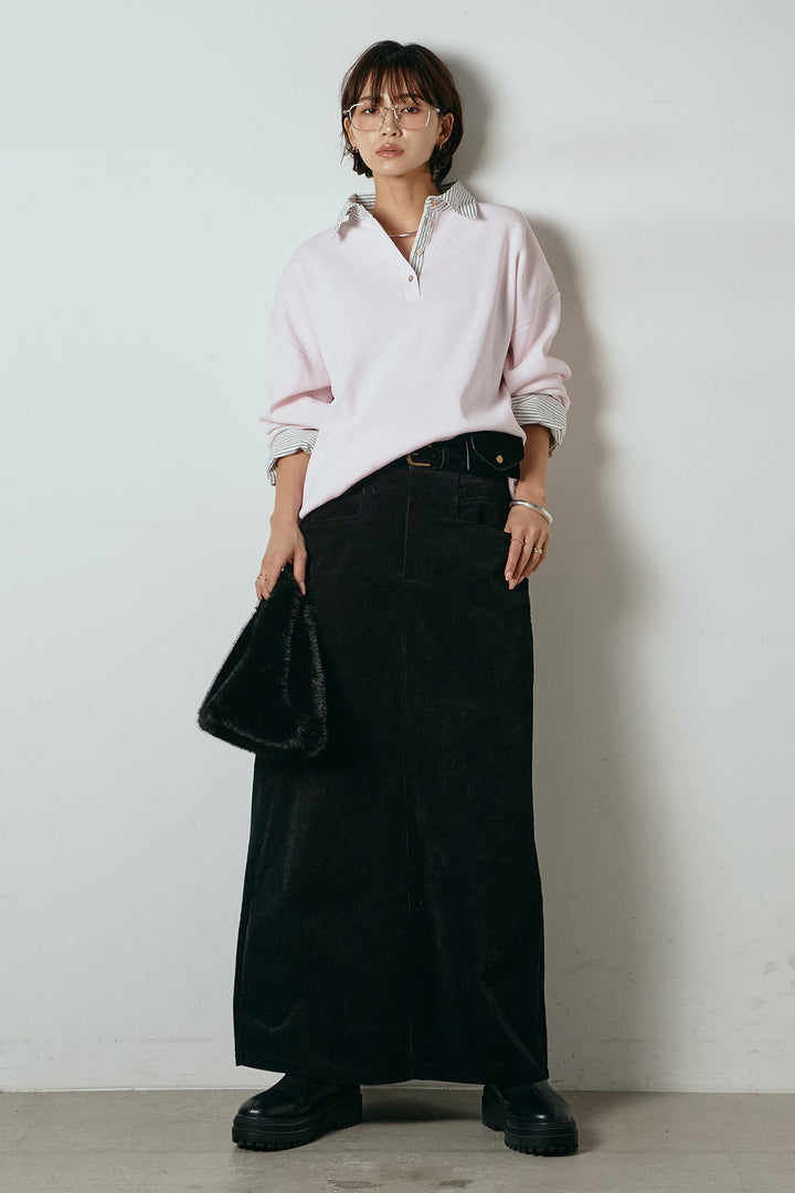 [SET]ストライプシャツドッキングポロトップス+ポーチベルト付きコーデュロイワイドスカート(2set)