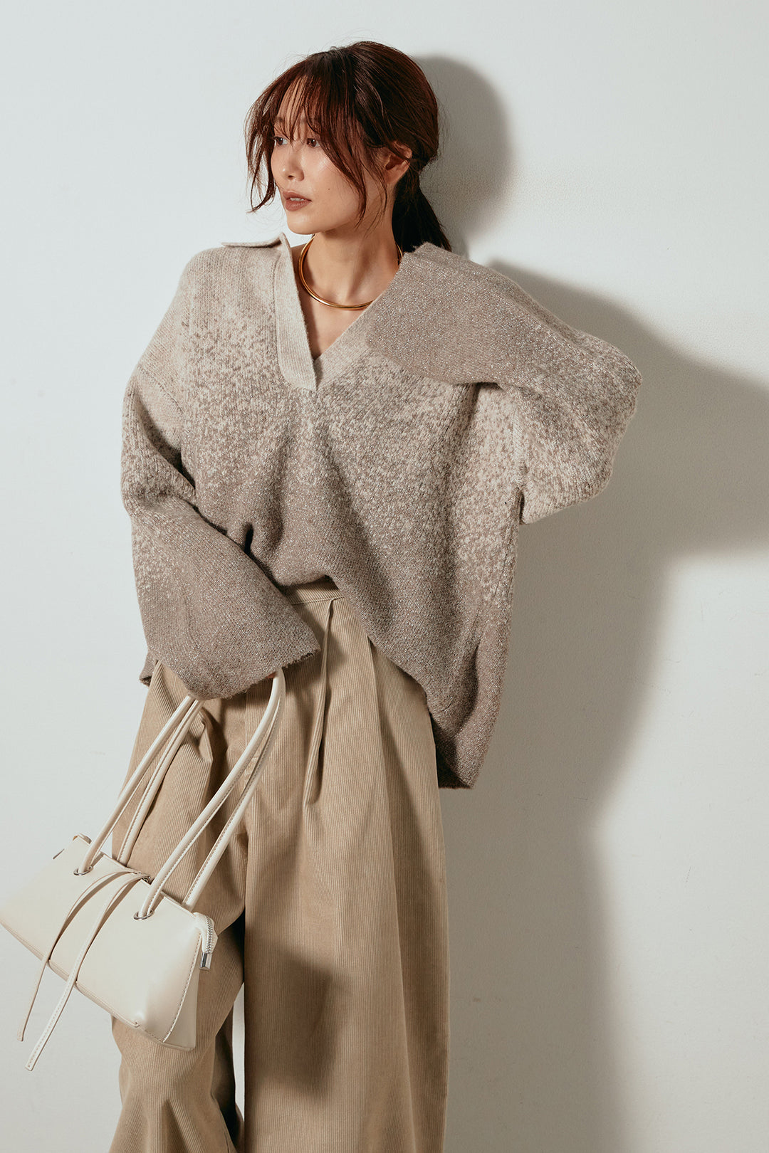 [SET]グラデーションラメニットキーネックプルオーバー+フロントタック入りコーデュロイパンツ(2set)