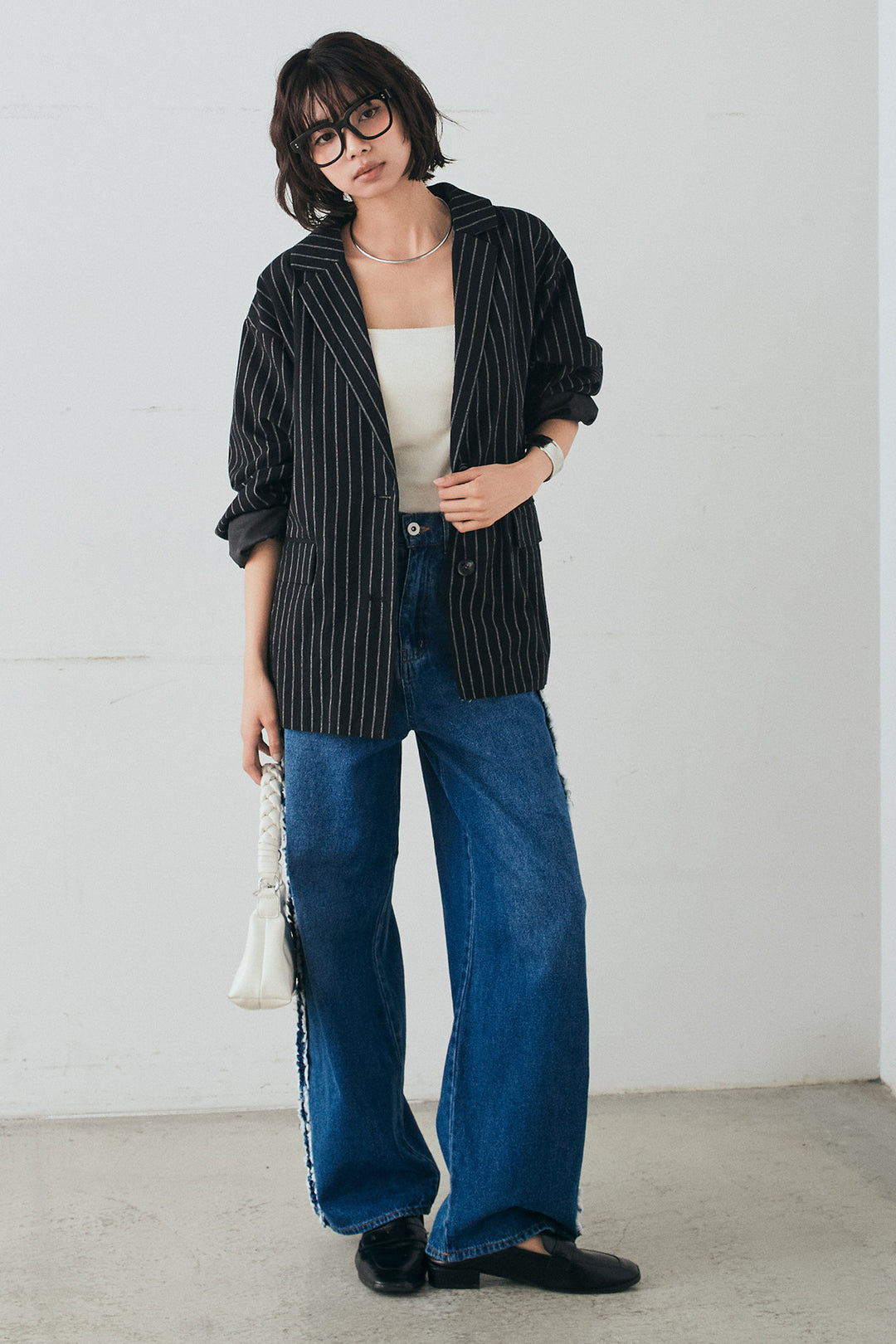 [SET]リネンライクストライプテーラードジャケット+デニムサイドフリルパンツ(2set)