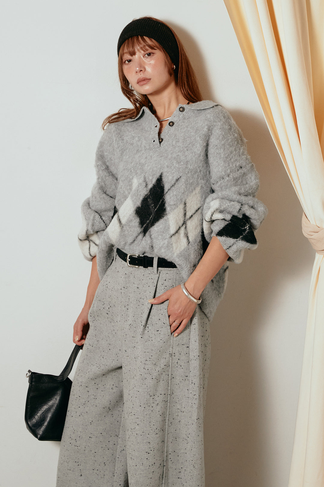 [SET]アーガイル柄ポロニットトップス+ベルト付きネップツイードカーブパンツ(2set)