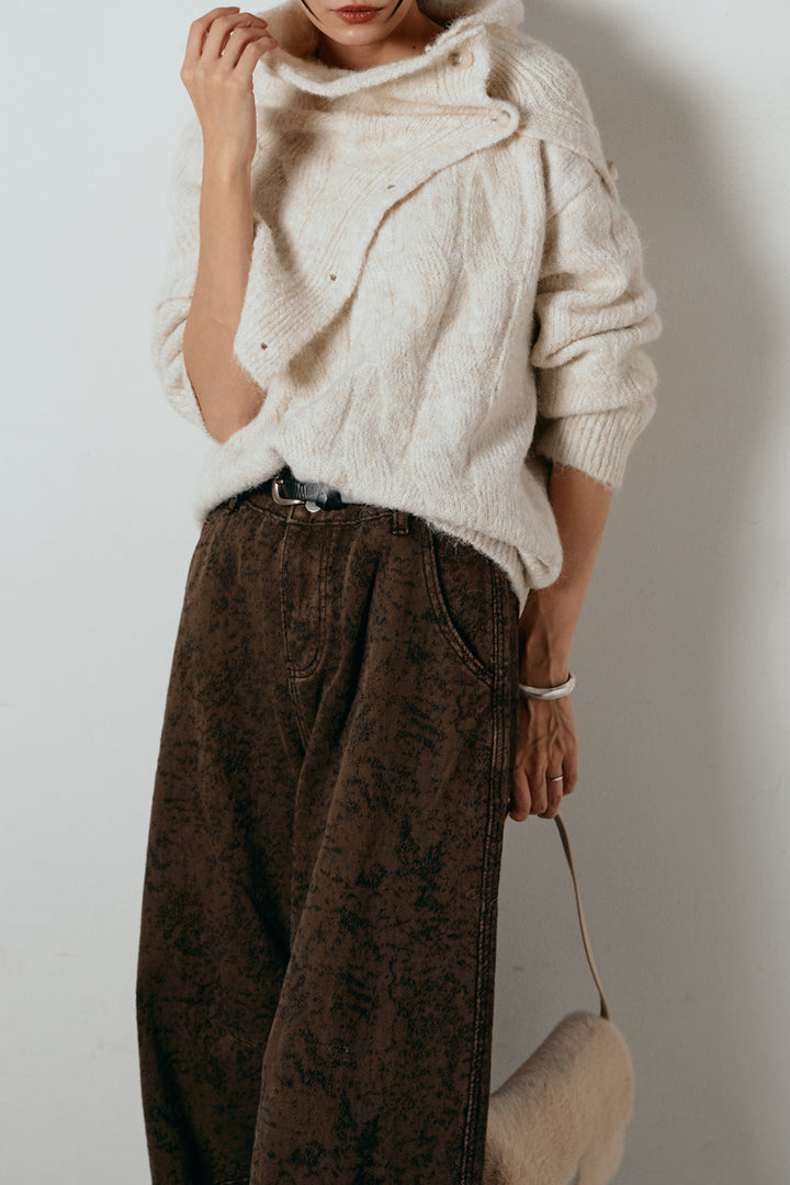 [SET]ケープデザインケーブルニットトップス+ベルト付きニュアンス柄カーブワイドパンツ(2set)