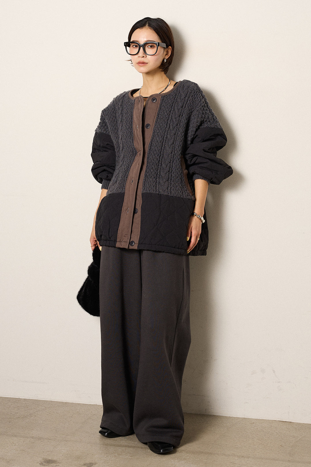 [SET]アラン編みニットノーカラー裾キルティングブルゾン+裏起毛スウェットワイドパンツ(2set)