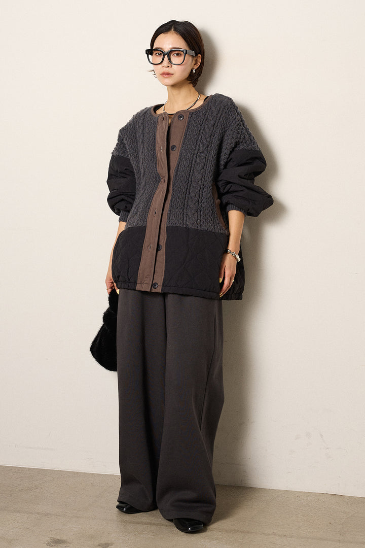 [SET]アラン編みニットノーカラー裾キルティングブルゾン+裏起毛スウェットワイドパンツ(2set)
