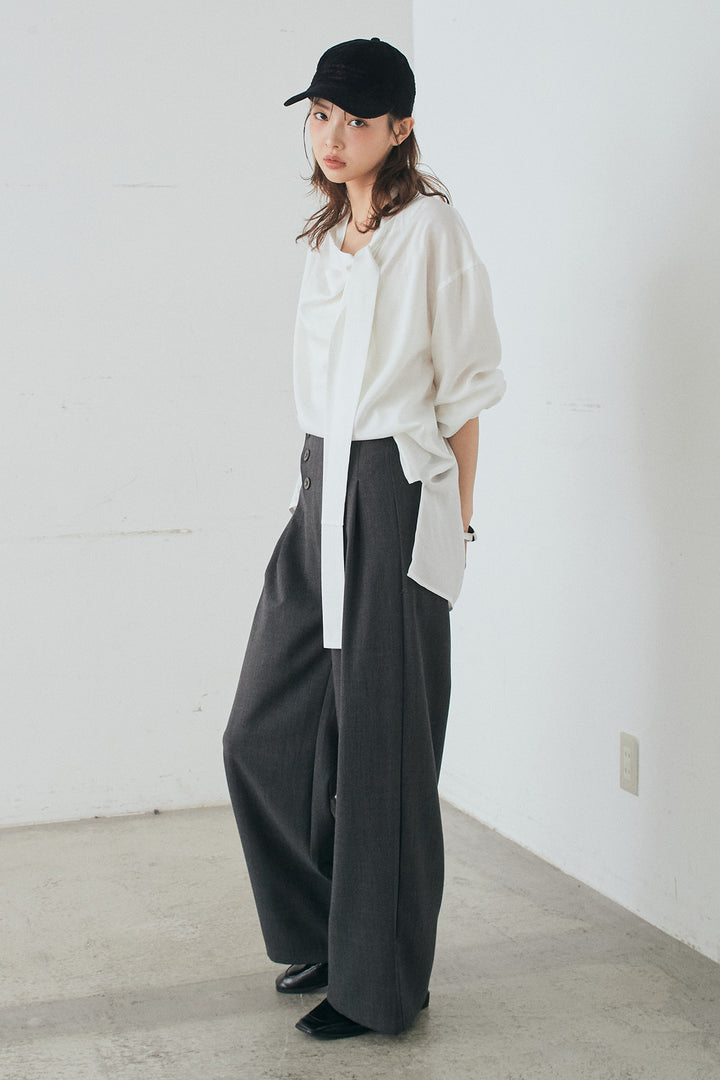 [SET]ニュアンスボータイブラウス+斜めボタンタック入りスラックス(2set)