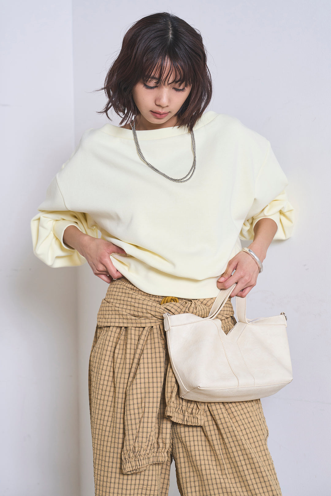 [SET]ワンショルスウェットプルオーバー+チェックウエスト巻きジョガーパンツ(2set)