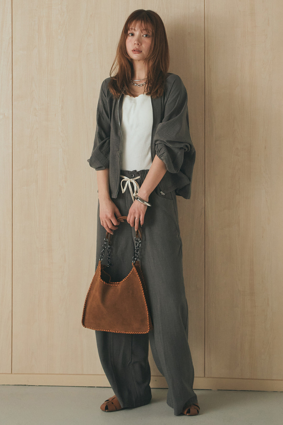 [SET]麻混ノーカラーブルゾン+麻混ウエストドロストパンツ(2set)