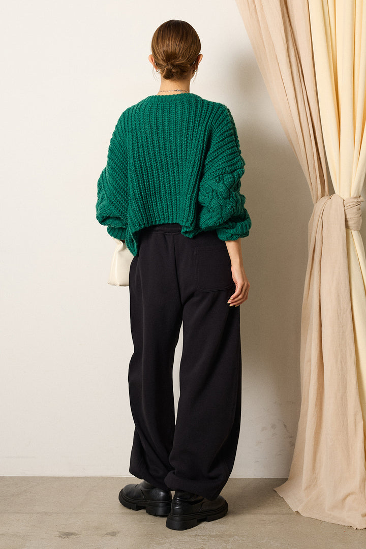 [SET]ケーブルリラックスショートニット+スウェットワイドカーブパンツ(2set)