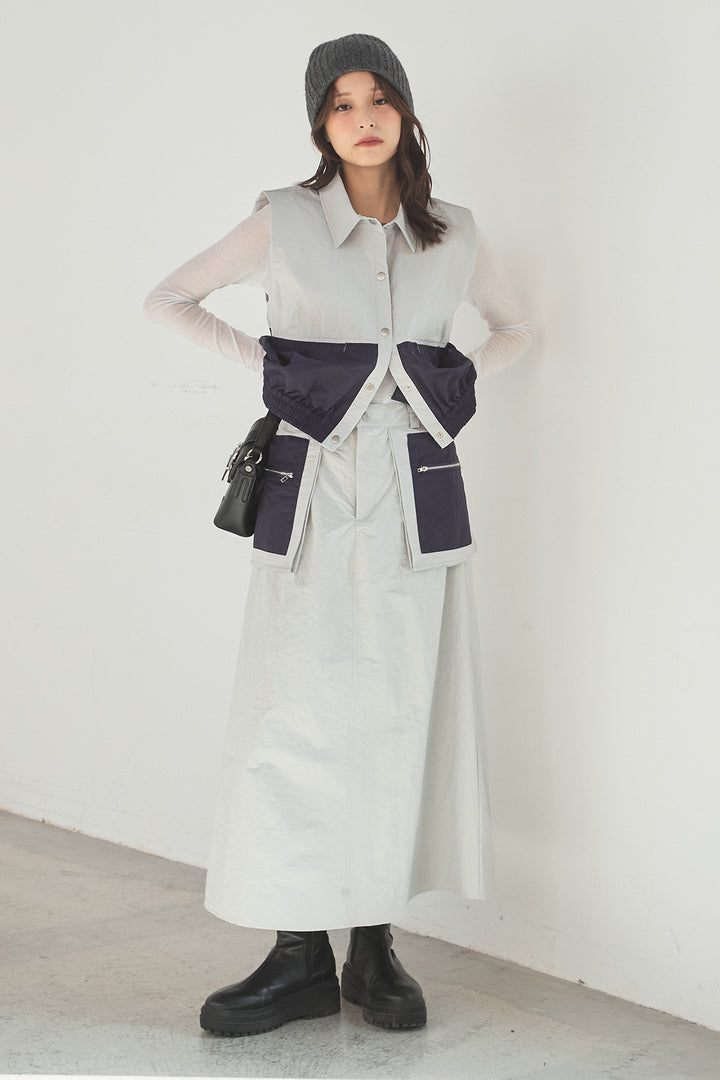 [SET]襟付きナイロンベスト+サイドデザインナイロンスカート+リブシアークルーネック長袖トップス(3set)