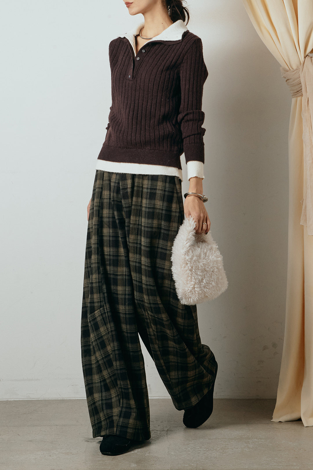 [SET]レイヤード風リブニットトップス+ベルト付きタータンチェックカーブワイドパンツ(2set)