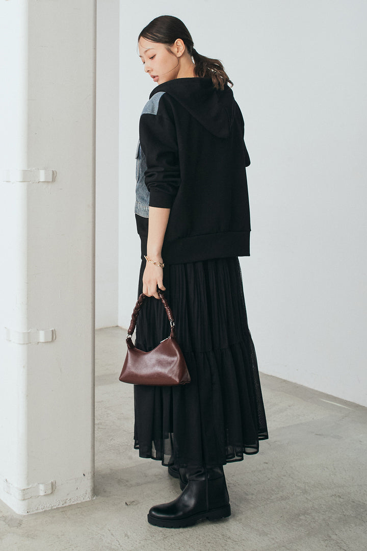 [SET]デニム切替ポンチダブルジップパーカー+ボリュームシルエットチュールスカート(2set)