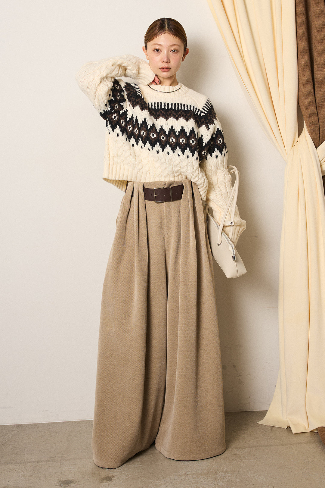 [SET]2WAY求心柄ジャガードショートカーディガン+ベルトループコーデュロイワイドパンツ(2set)