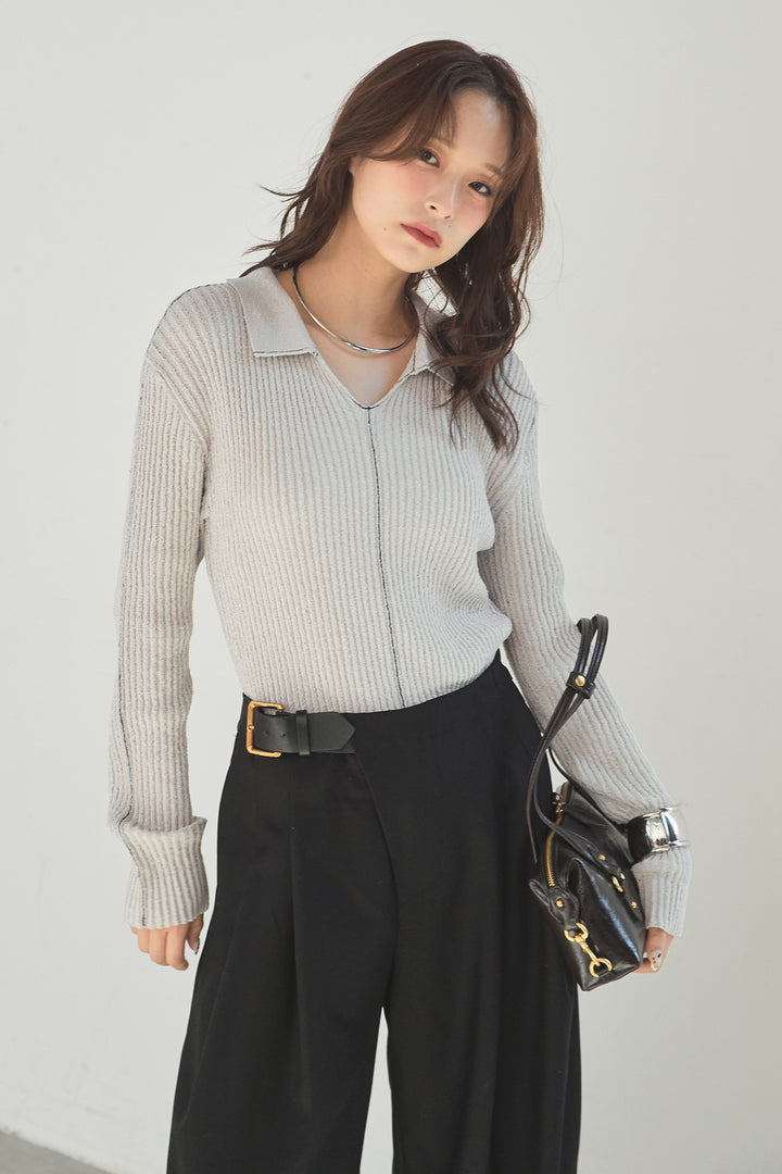 [SET]衿付きニットプルオーバー+サイドベルトタック入りスラックス(2set)