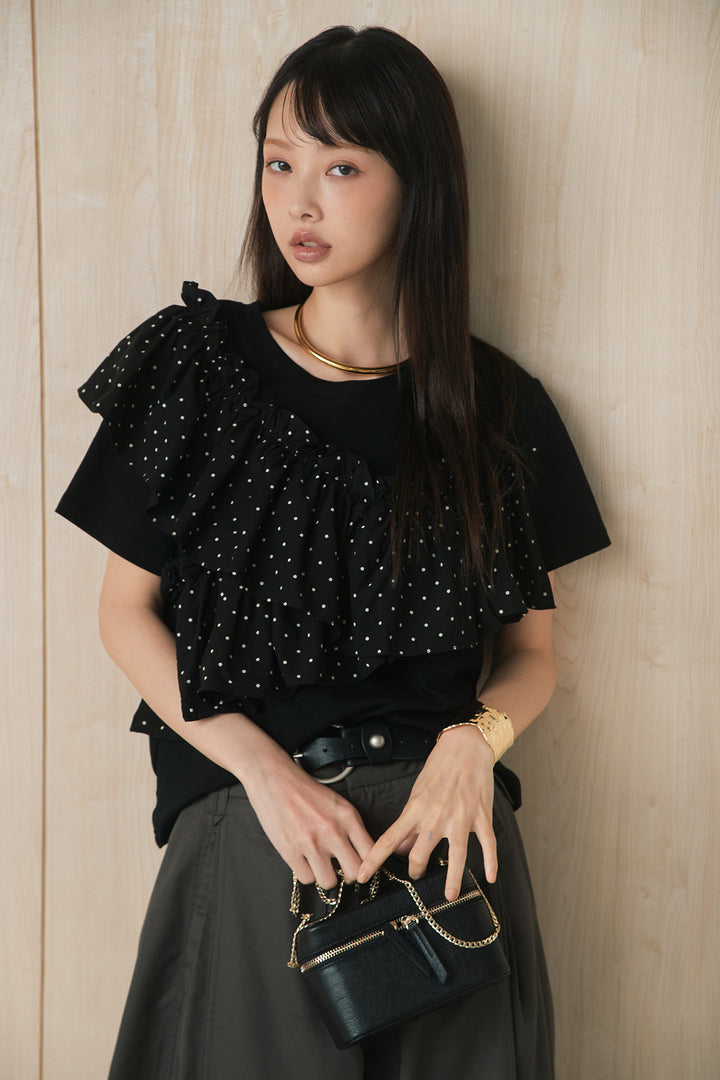 [SET]ドットアシメフリルデザインTシャツ+サークルバックルベルト付きタックワイドパンツ(2set)