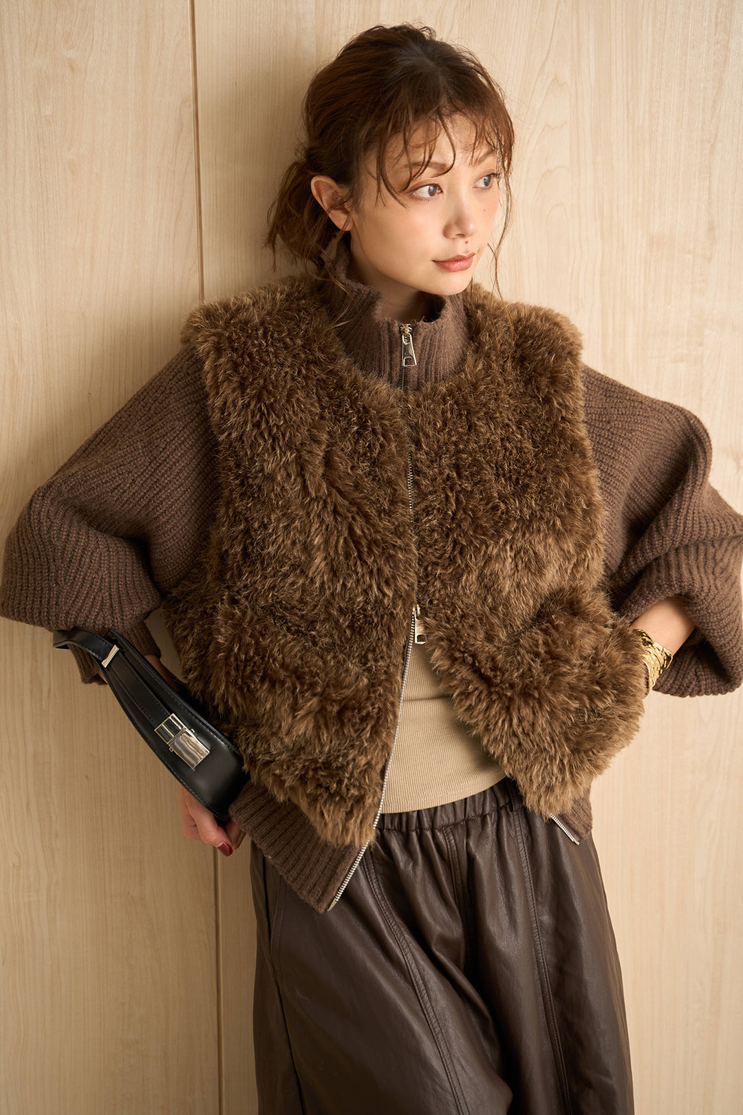 [SET]ファーコンビニットジップブルゾン+フェイクレザーカーブワイドパンツ(2set)
