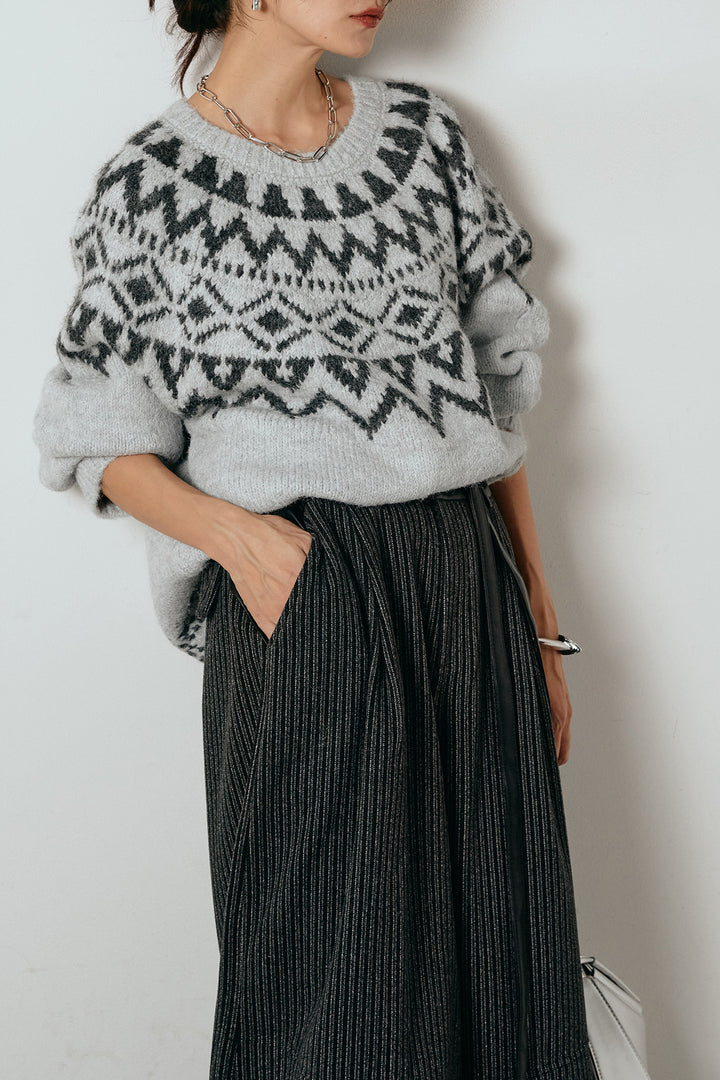 [SET]ノルディック柄Uネックプルオーバー+レザーライク配色ストライプパンツ(2set)