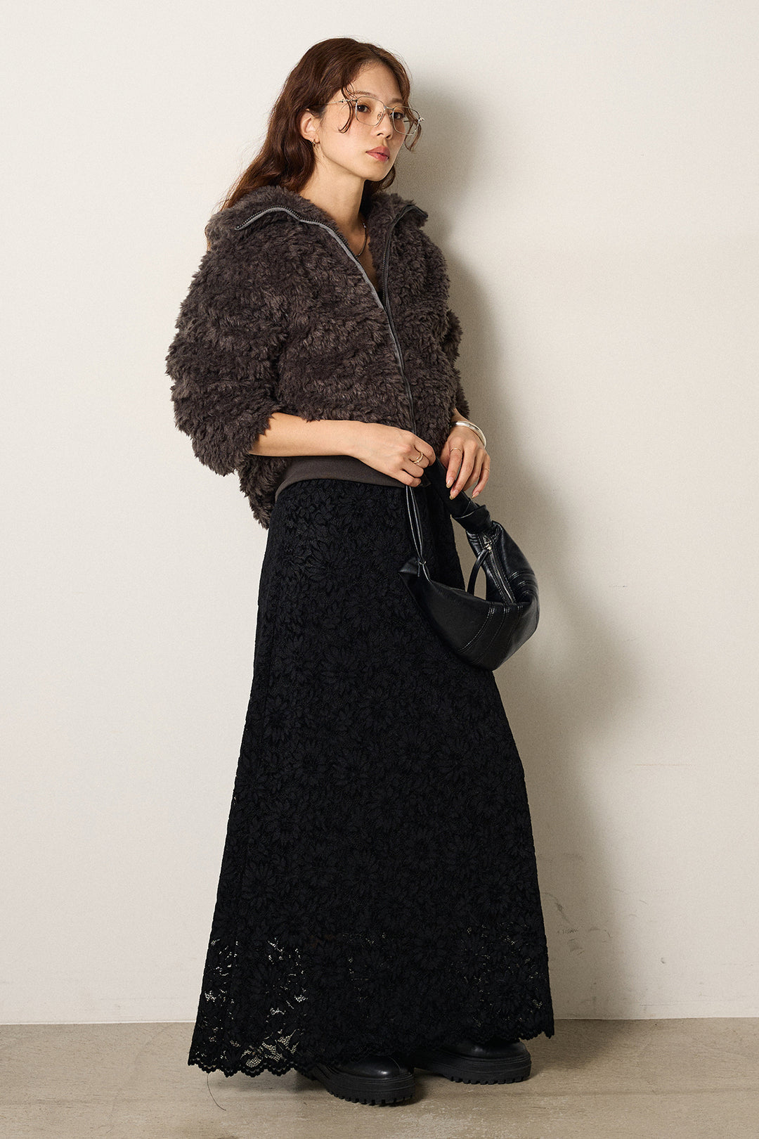 [SET]スタンドカラー裾リブボアブルゾン+花柄刺繍ベロアフレアスカート(2set)