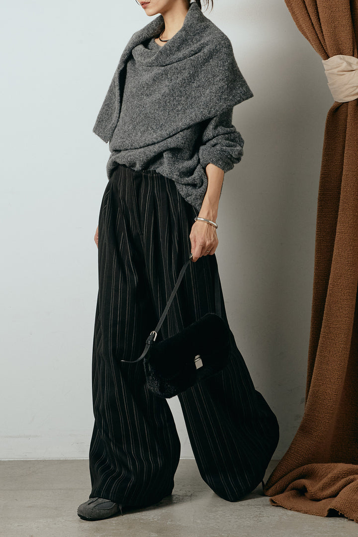 [SET]ネック巻きデザインニットトップス+タック入りマルチストライプ柄ワイドパンツ(2set)