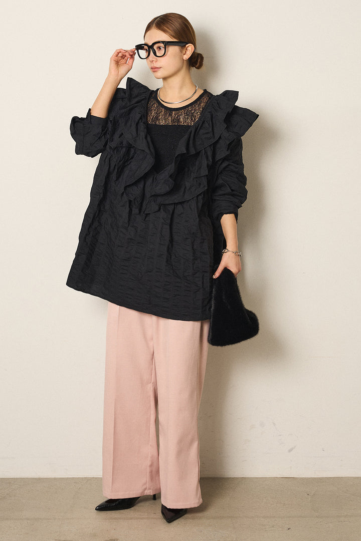 [SET]Vネックフリルカラーブラウス+ツイルスプリングカラータックパンツ+ストレッチレースクルーネックインナー(3set)