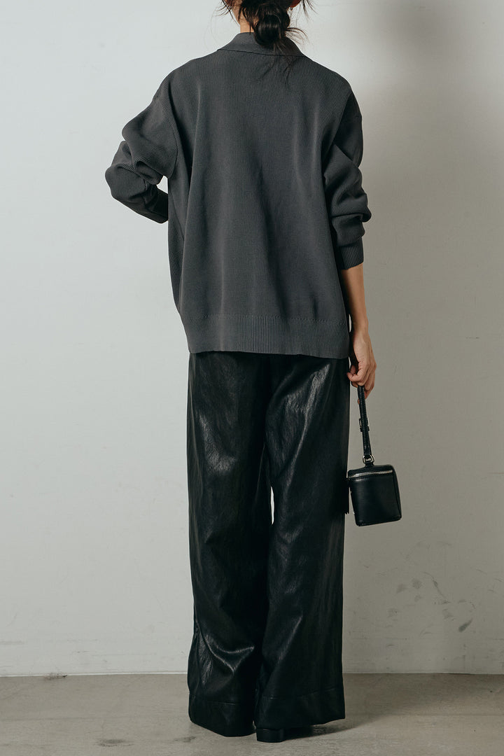 [SET]メタル釦衿付きニットカーディガン+ベルト付きレザーライクタックパンツ(2set)