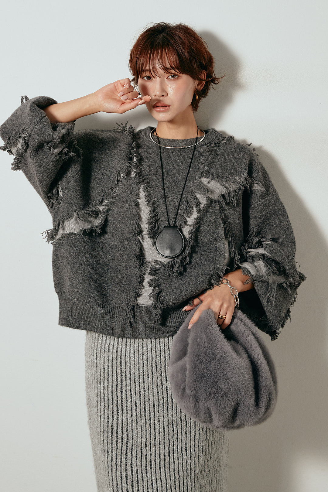 [SET]シャギージャガードニットトップス+アルパカタッチニットタイトスカート(2set)