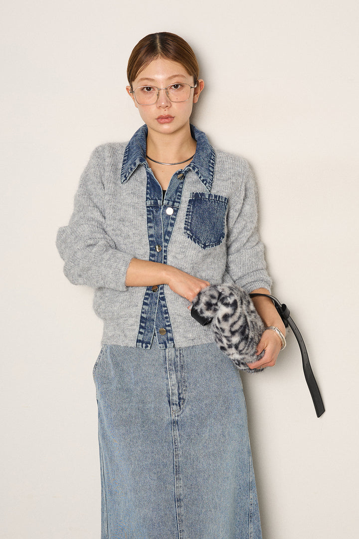 [SET]襟付きデニム切替ニットカーディガン+デニムロングフレアスカート(2set)