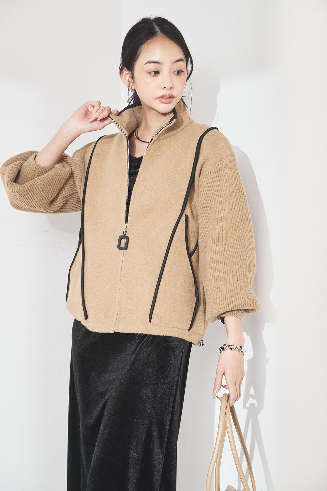 [SET]ハイネックパイピングデザインブルゾン+ベロアバレエネックワンピース(2set)