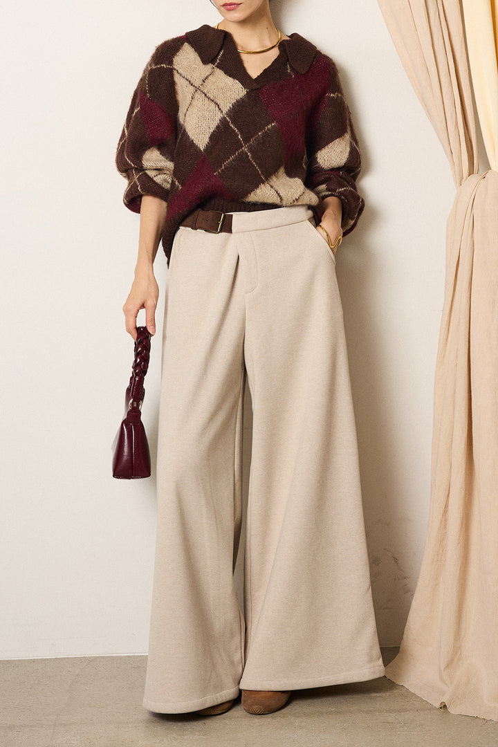 [SET]アクリルモヘアアーガイルキーネックプルオーバー+サイドベルトパンツ(2set)