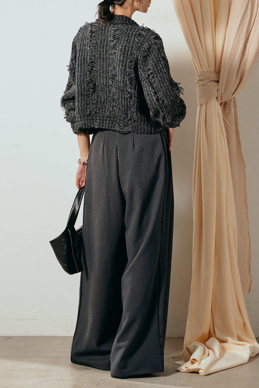 [SET]ハイネックフリンジジップニットトップス+ウエストステッチデザインワイドスラックス(2set)