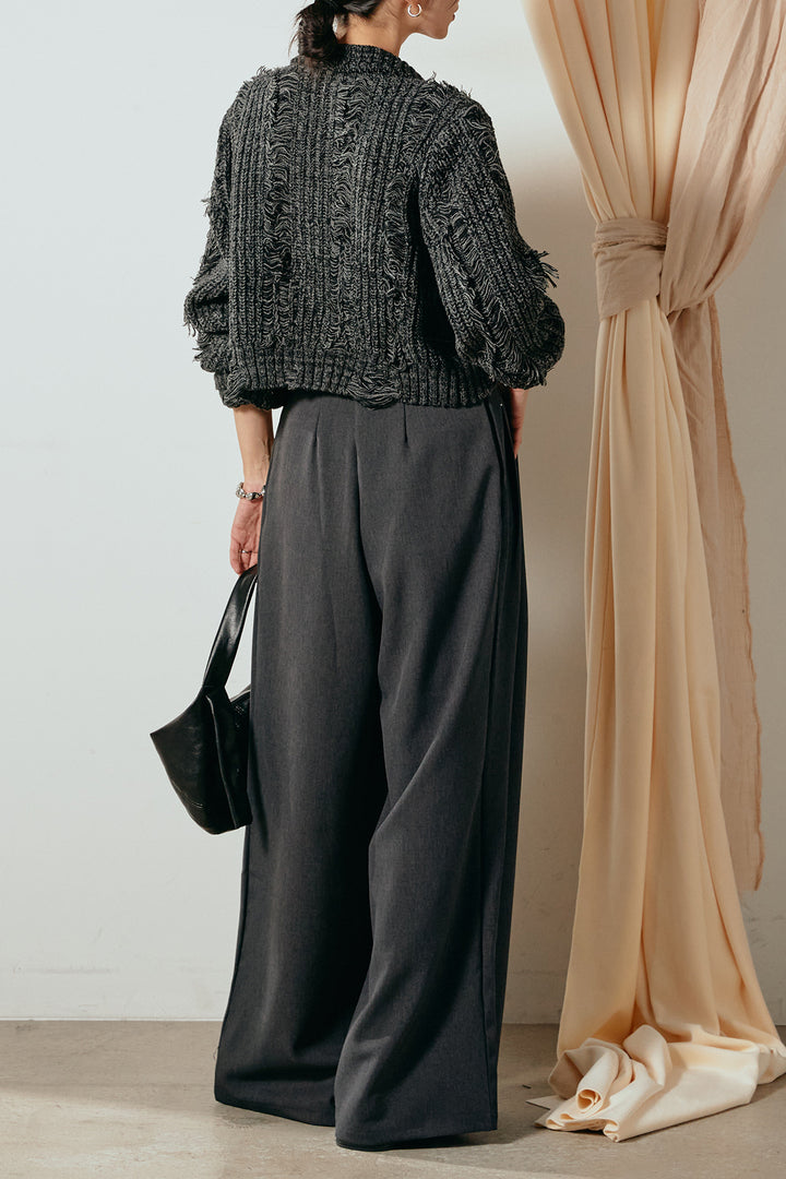[SET]ハイネックフリンジジップニットトップス+ウエストステッチデザインワイドスラックス(2set)