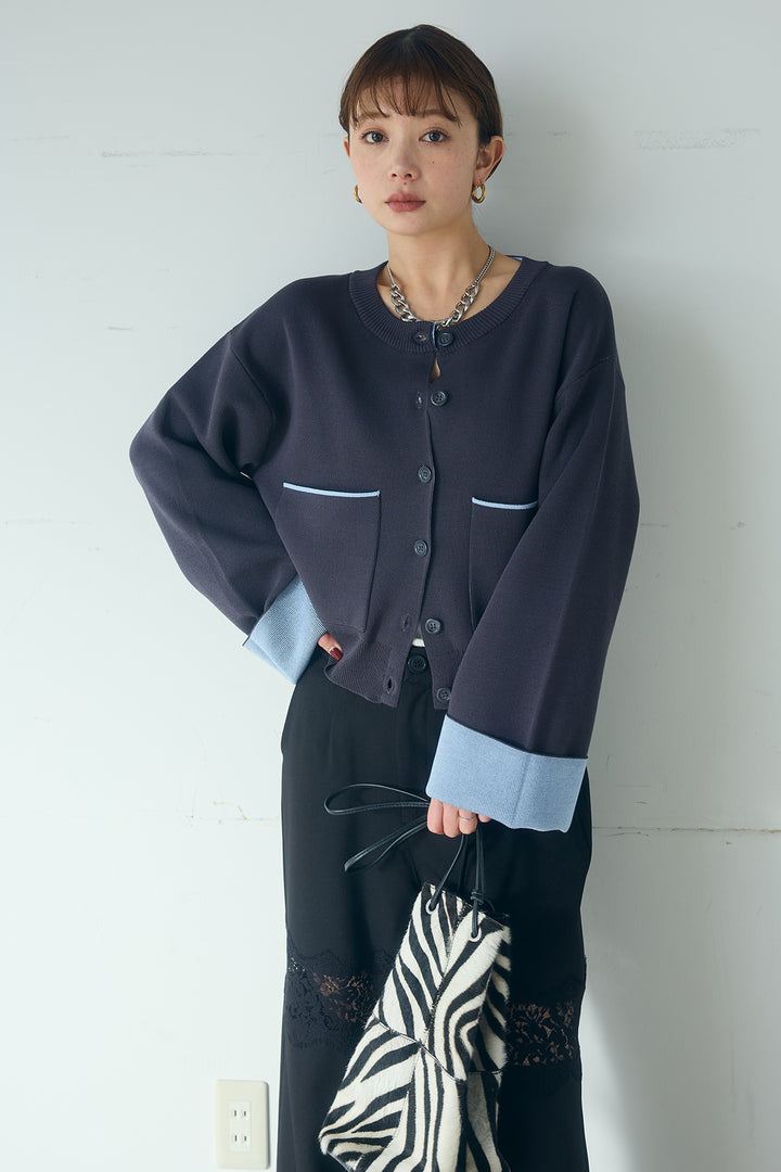 [SET]レーヨンポリダブルフェイスカーディガン+レース刺繍切替ワイドパンツ(2set)