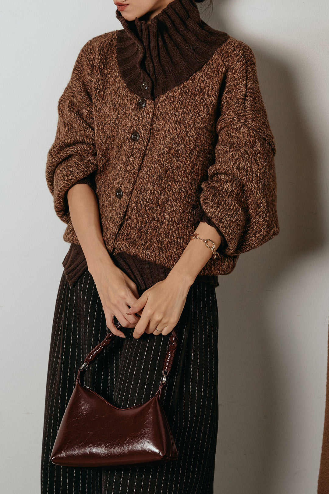 [SET]ハイネックミックスニットカーディガン+ウールライクストライプパンツ(2set)