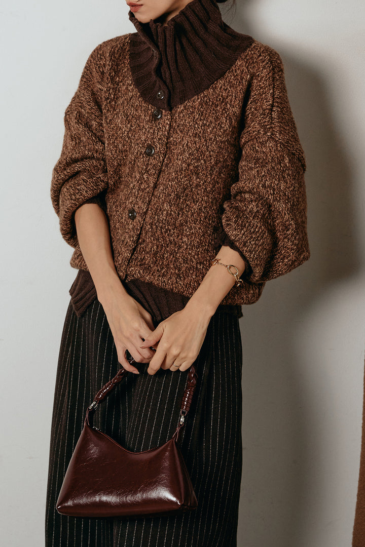 [SET]ハイネックミックスニットカーディガン+ウールライクストライプパンツ(2set)