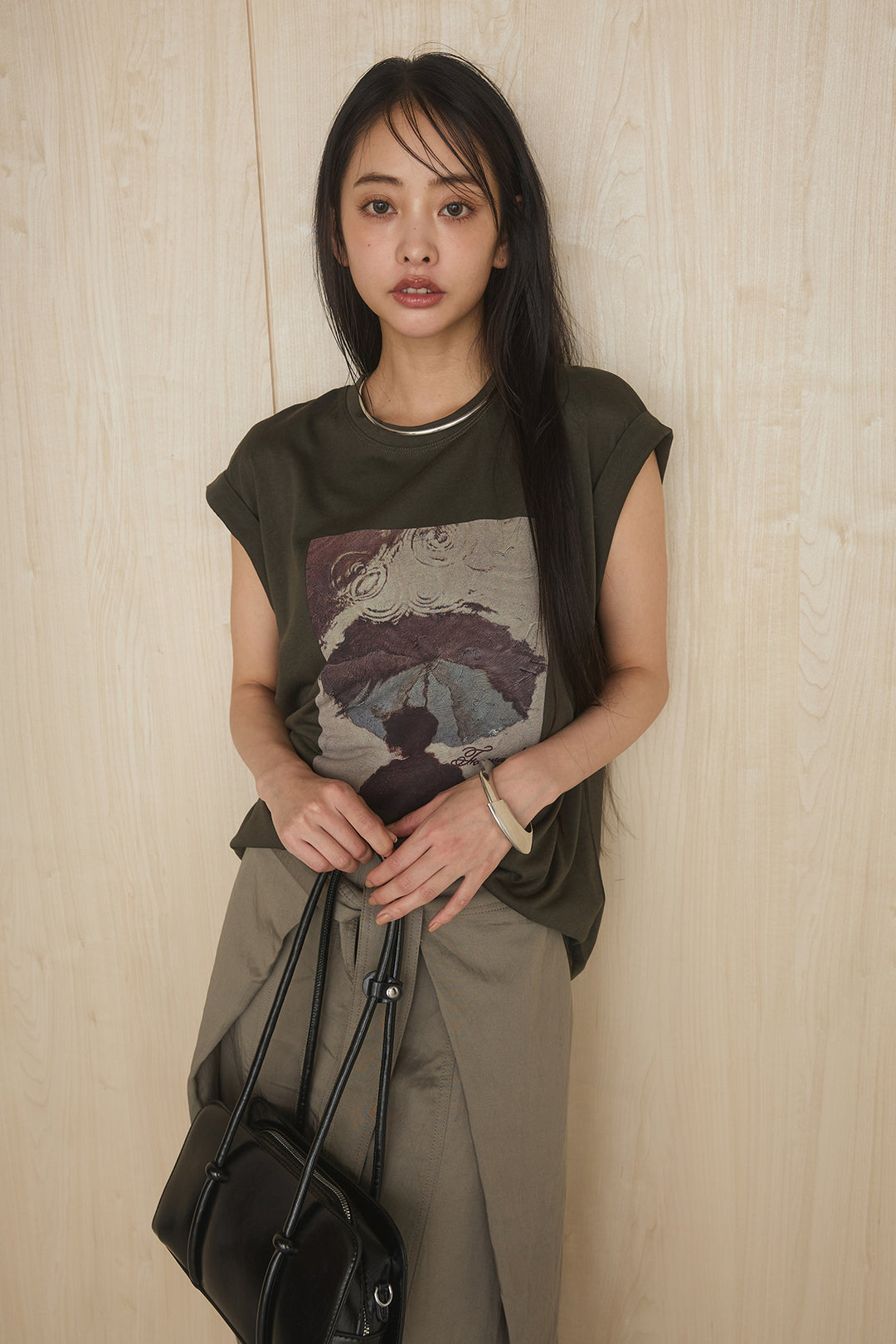 [SET]スクエアニュアンス柄Tシャツ+前結びタックワイドパンツ(2set)